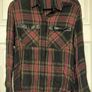 Express Plaid Button Down Shirt with Sequin Pocket Detail